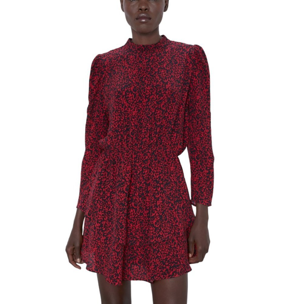 Zara Mock Neck Ruffle Tiered Animal Print Mini Dress